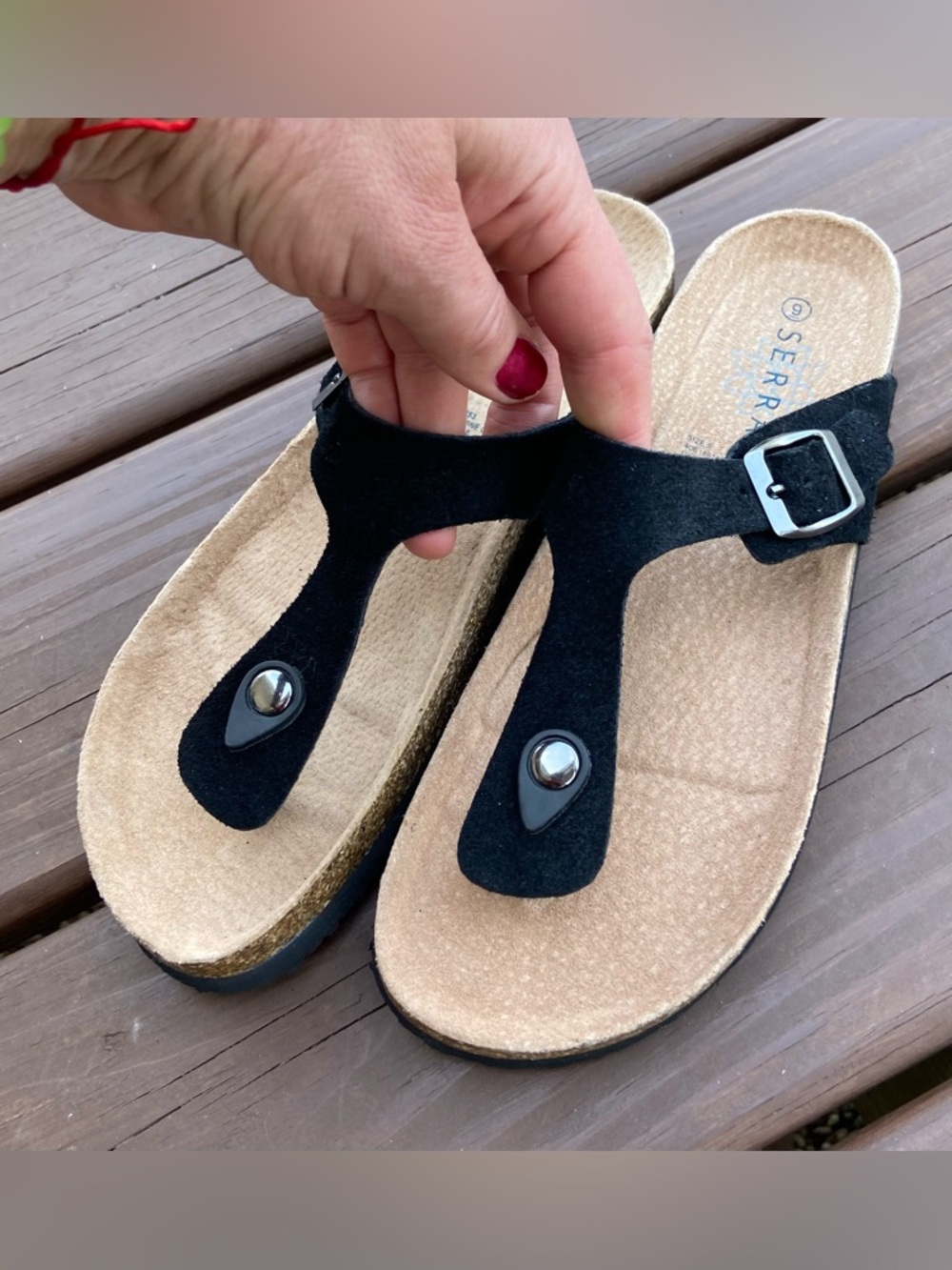 Serra Black Suede Toe-Post Sandals with Silver Buckles - Picture 4 of 9